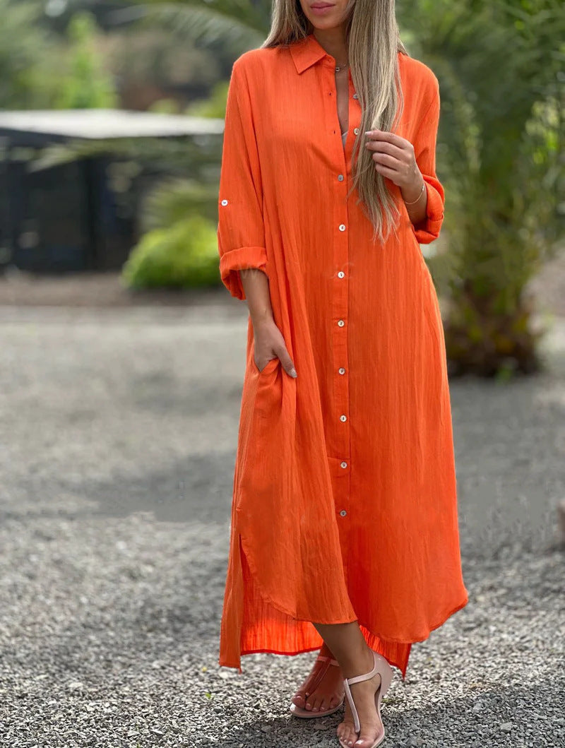 2026 Women's Dress, Cotton And Linen Shirt, Long Skirt, Fashionable Casual Long Sleeved Cardigan Dress NorixaFashion.com