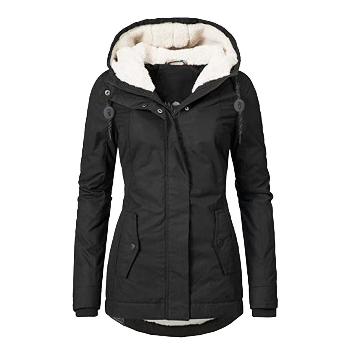 Winter Hooded Jacket Solid Color Warm Buckle Zip-up Fleece Jacket With Pockets Women's Casual Jacket LadyShow.Store