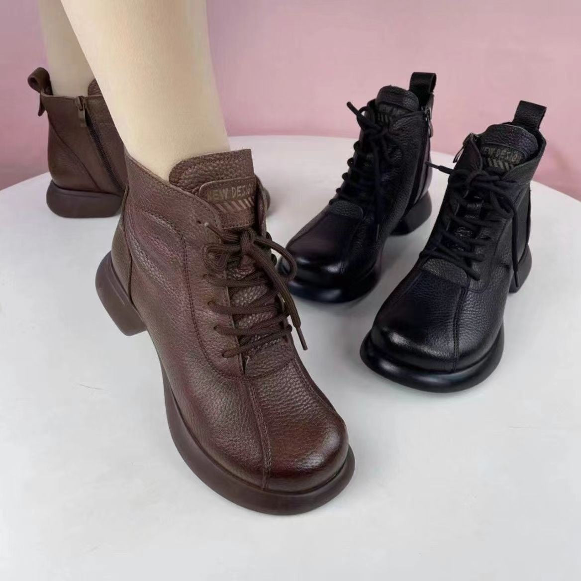 Round Toe Lace-up Platform Ankle Boots LadyShow.Store