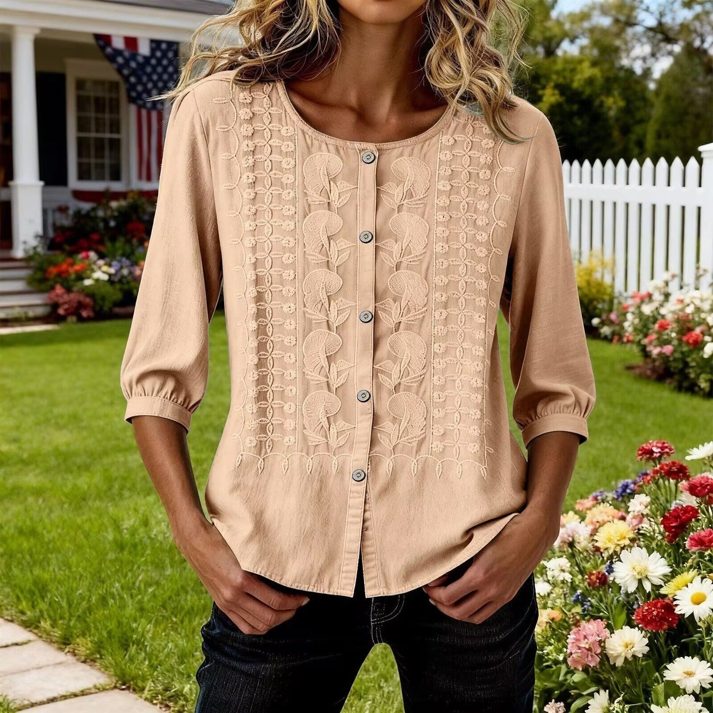V-Neck Short Sleeve Cotton Linen Shirt, Heavy Embroidery Casual Blouse NorixaFashion.com