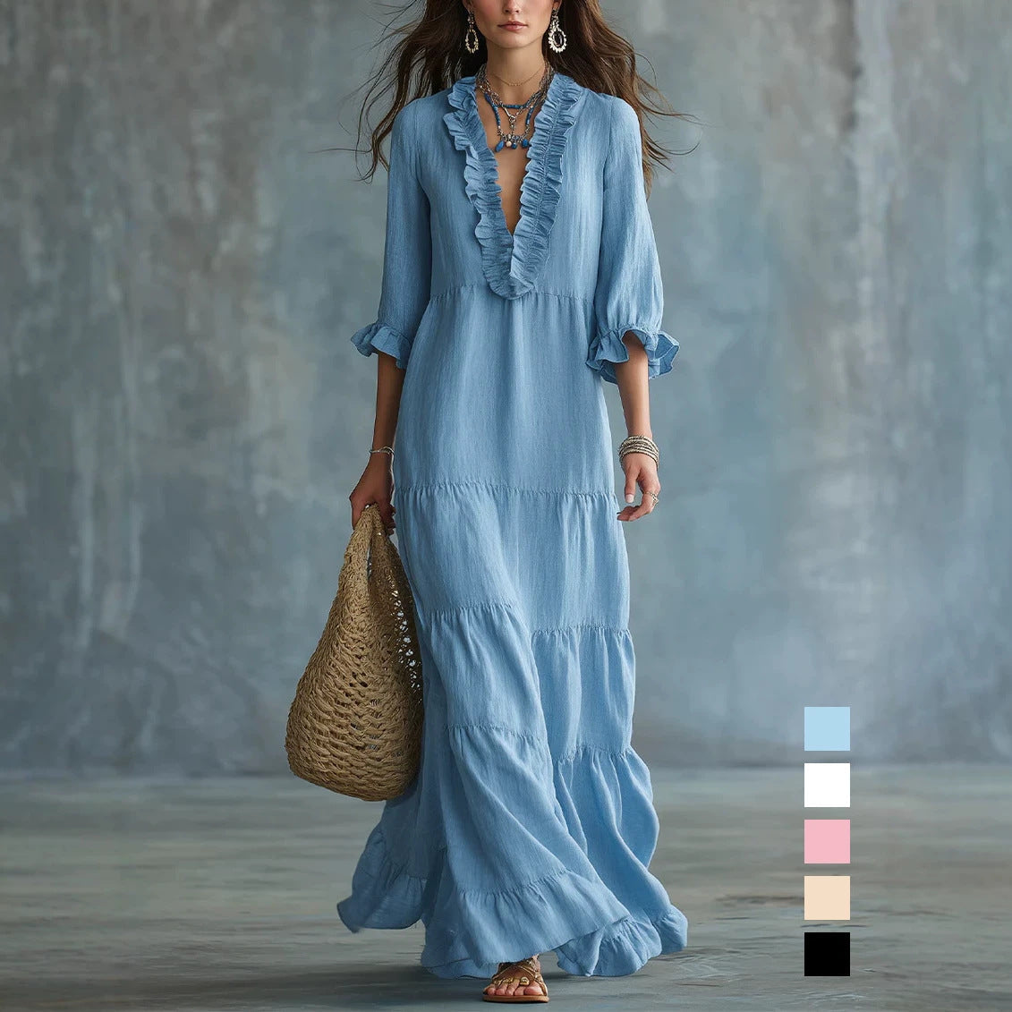 Womens V-neck Layered Casual Flowing Maxi Dress With Ruffled Hem NorixaFashion.com