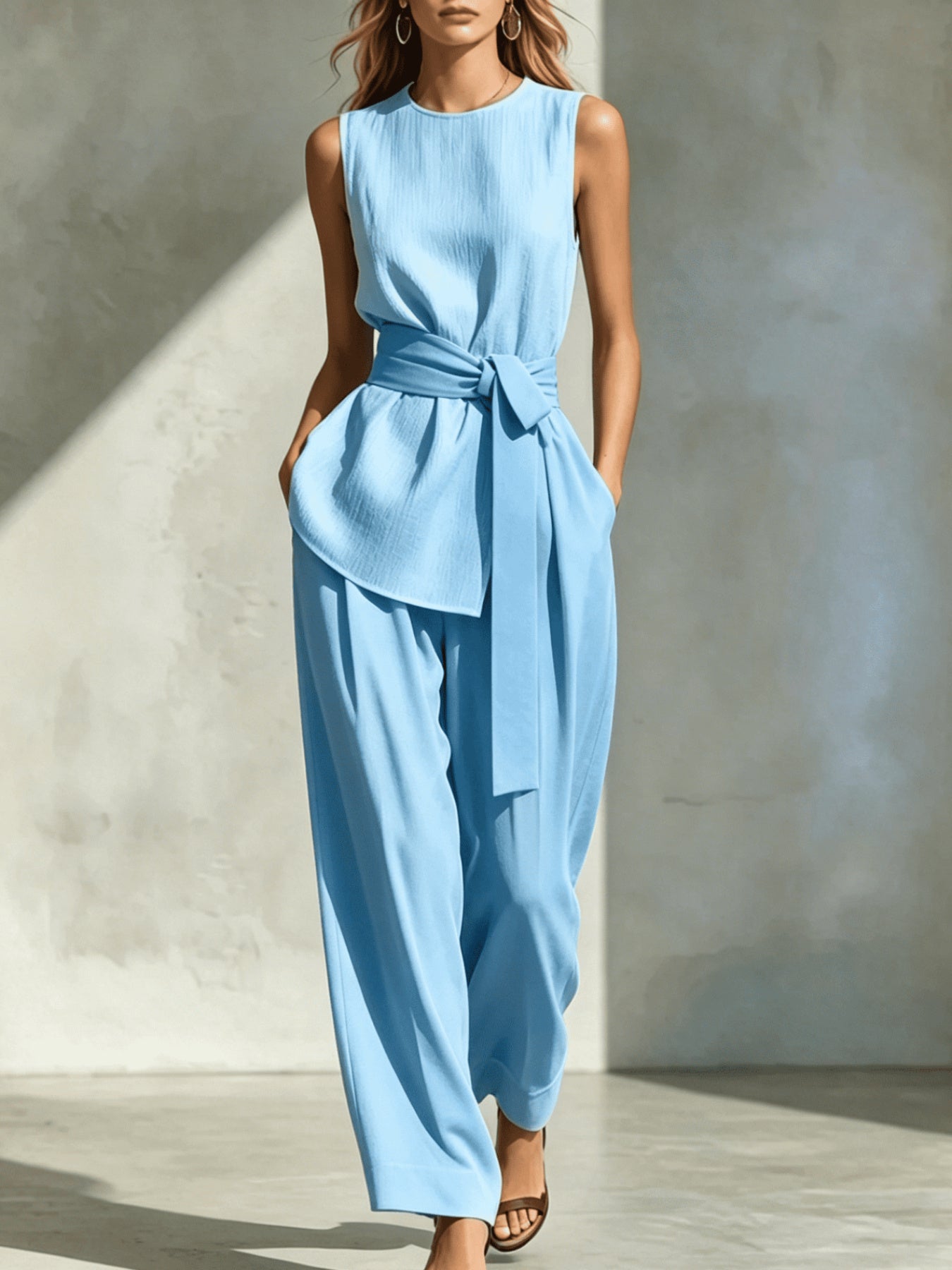 Womens Casual Sleeveless Tied-top And Pants Set NorixaFashion.com