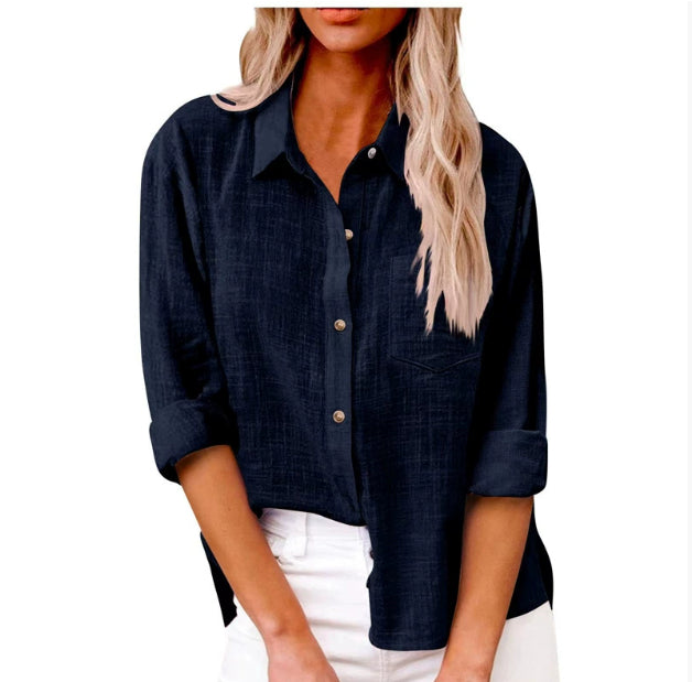 Pocket Split Cotton And Linen Long-sleeved Shirt NorixaFashion.com