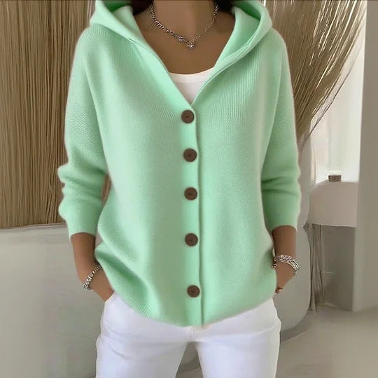Ins Button Hooded Sweater Fashion Autumn And Winter Knitted Cardigan Casual Commuter Long Sleeve Top Women's Clothing NorixaFashion.com