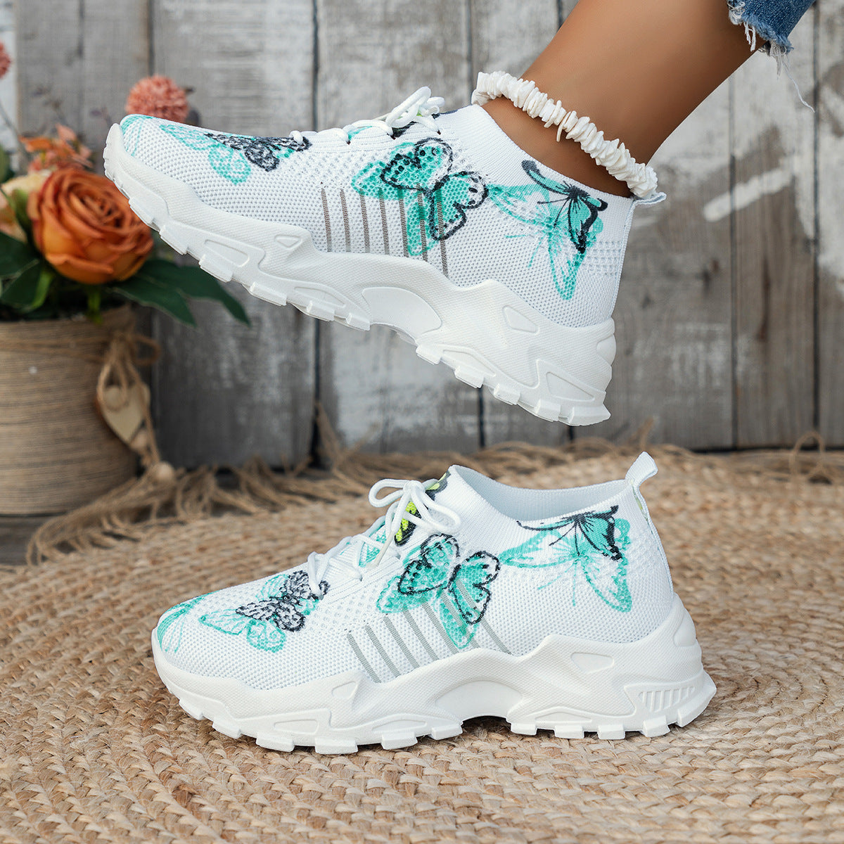 Butterfly Print Mesh Sneakers Women's Flat Heel Casual Shoes Fashion Running Jogging Walking Sports Shoes CJD