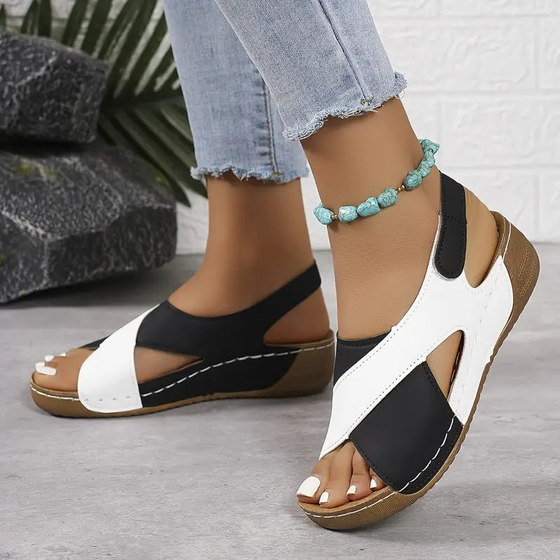 Colorblock-crossed  Wedges Sandals Summer Fashion Fish Mouth Platform Roman Shoes For Women CJD