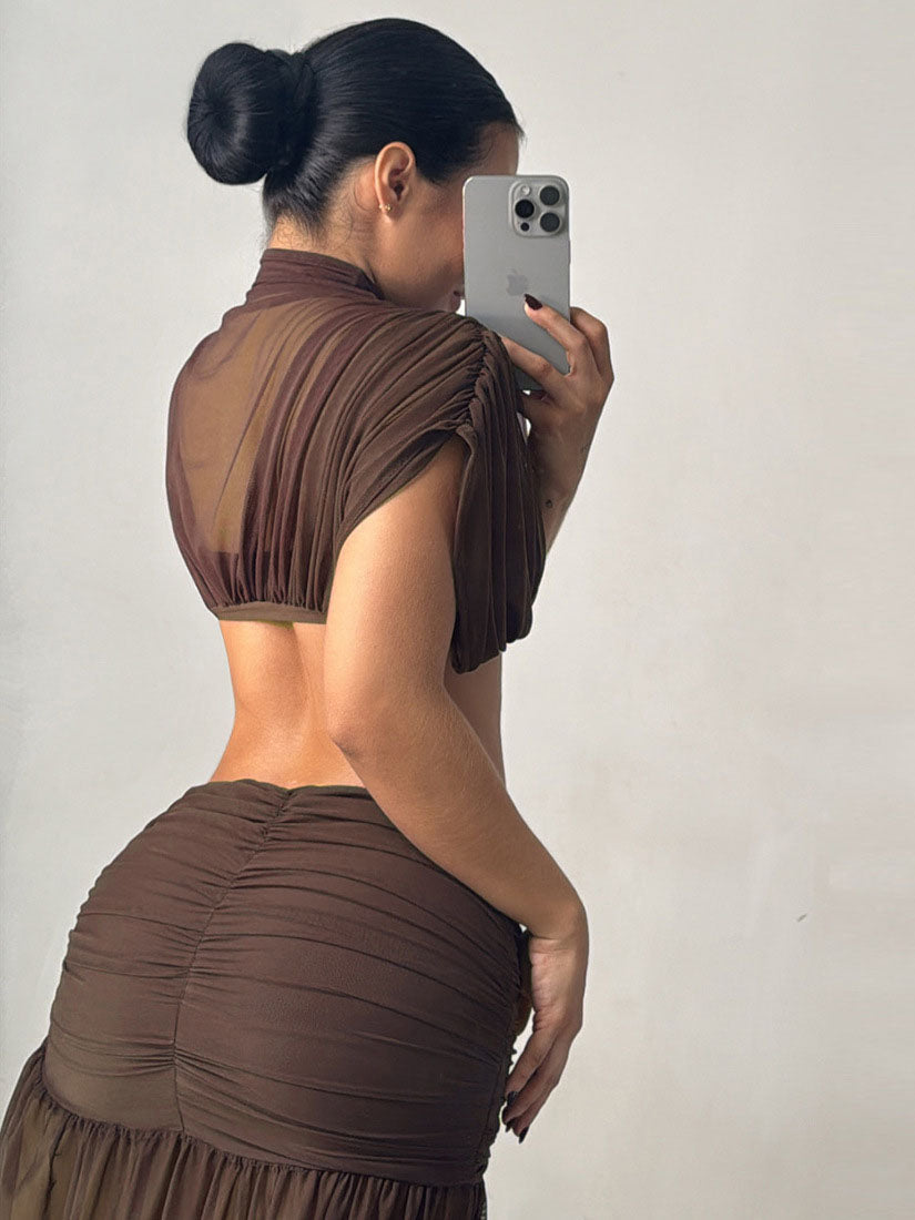Crop Top And Solid Color Slit Skirt Set NorixaFashion.com