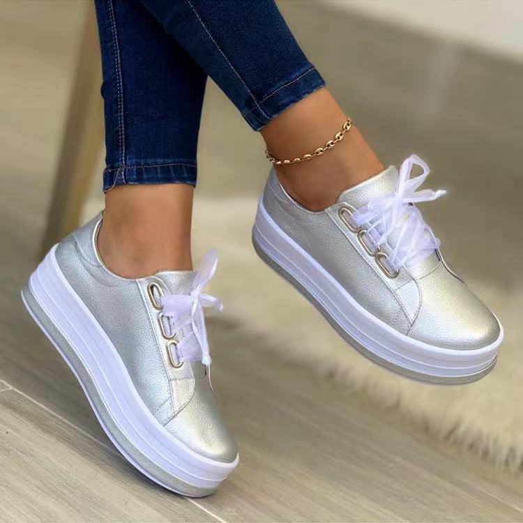 Single Large Size Casual European And American Lace-up Flat Round Toe Platform Women's Shoes CJD