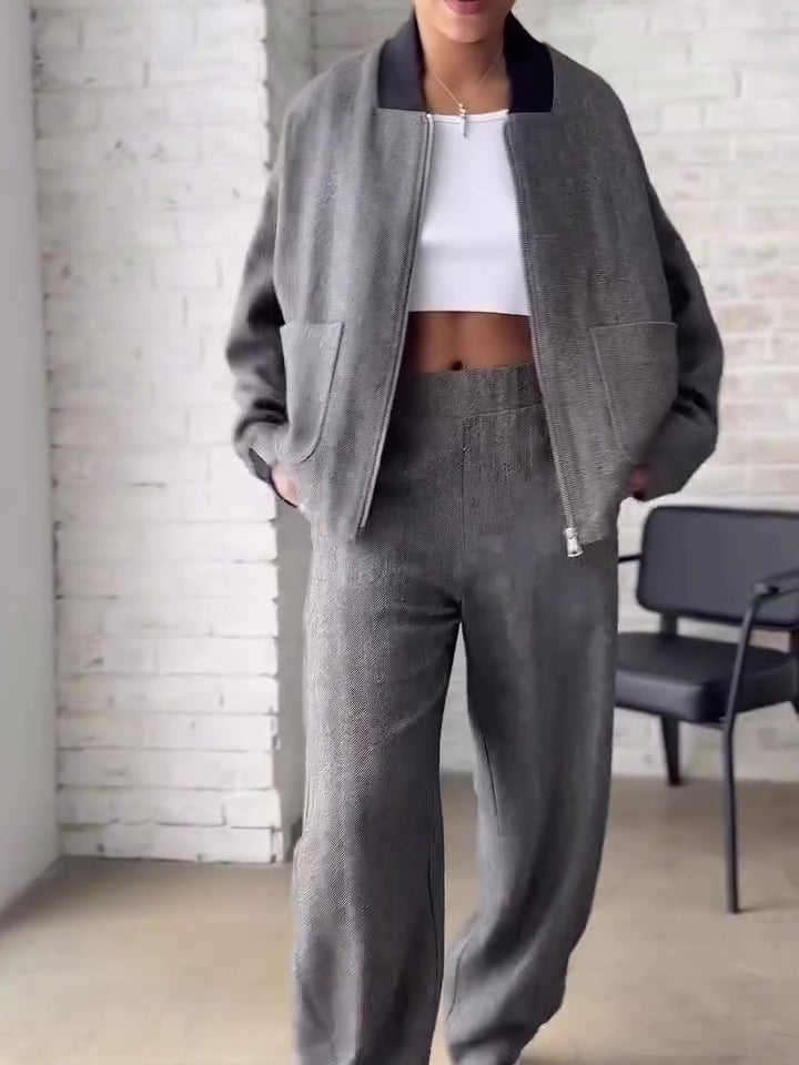 Dark Grey Textured Baseball Collar Zip Jacket & Wide-Leg Pants Set NorixaFashion.com
