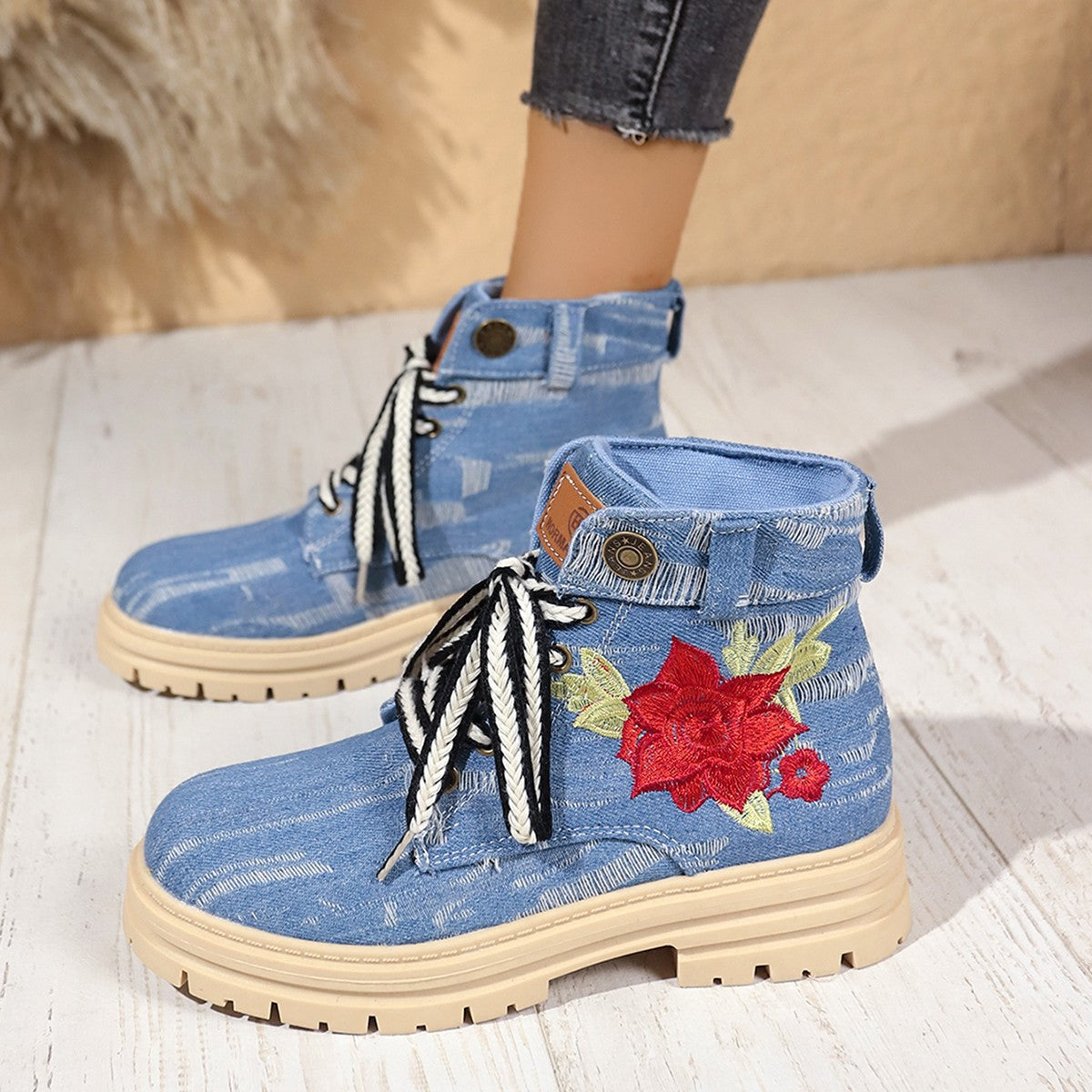 Lace-up Canvas Boots Fashion Rose Embroidered Shoes Round Toe Thick Heel Short Boot Women LadyShow.Store