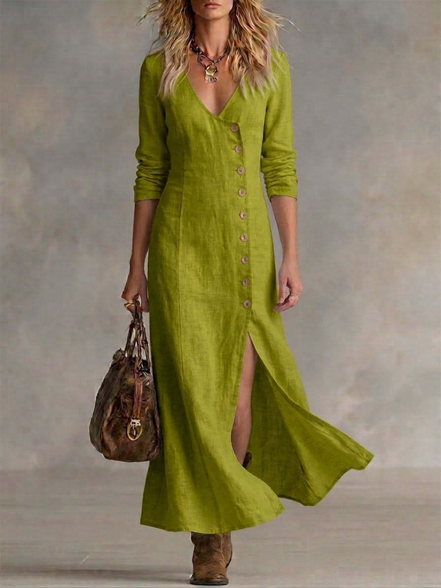 Fashionable Casual Cotton-Linen Long-Sleeve Womens Dress NorixaFashion.com