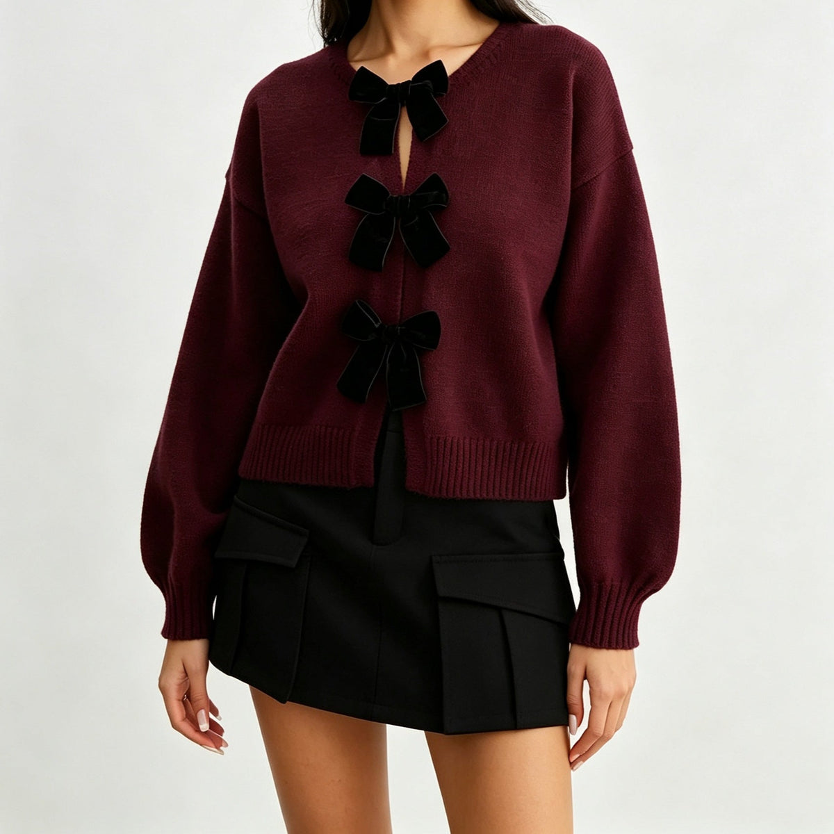 2026 Autumn Cross Border French Retro Bow Sweater Cardigan Round Neck Knitted Coat Women's Top NorixaFashion.com