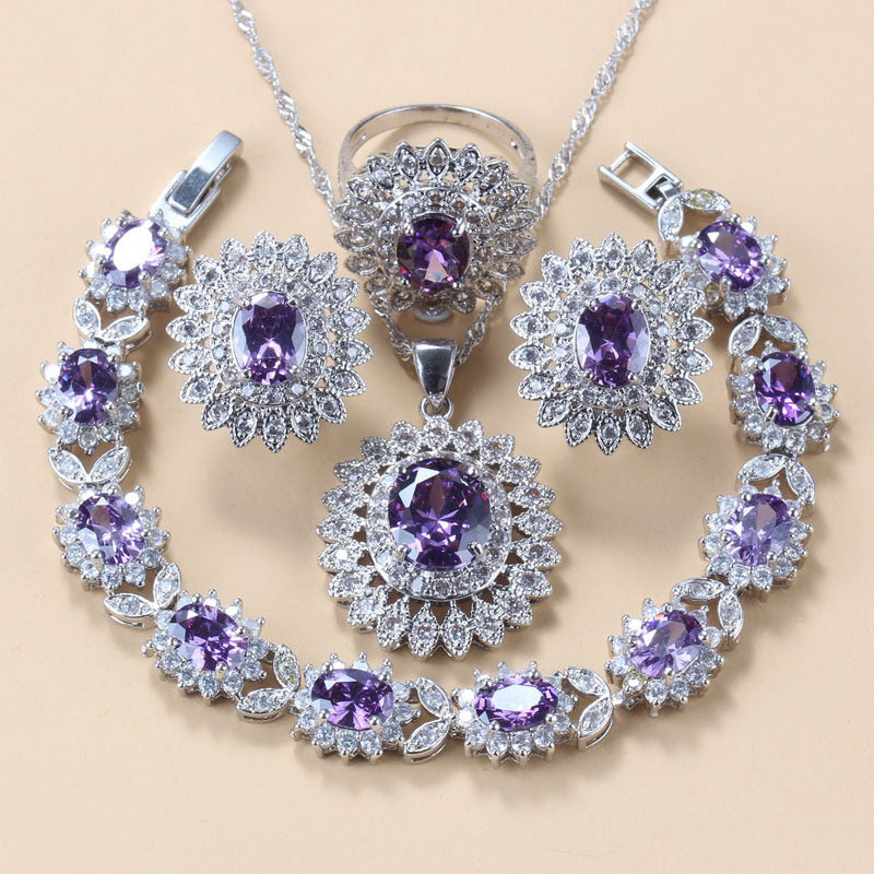 Garnet Cubic Zirconia Earrings Pendant Necklace Bracelet Ring Gift 4 PCs Set LadyShow.Store