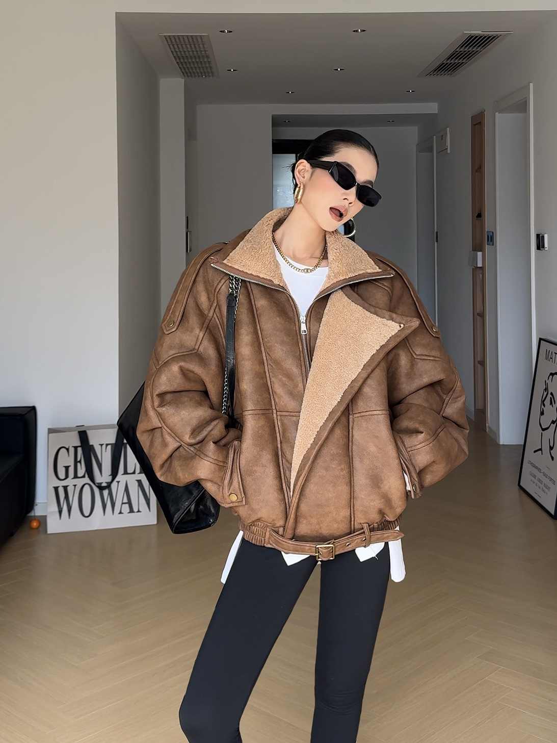 Retro Motorcycle Clothing Lapel With Velvet Thickened Fur Jacket LadyShow.Store