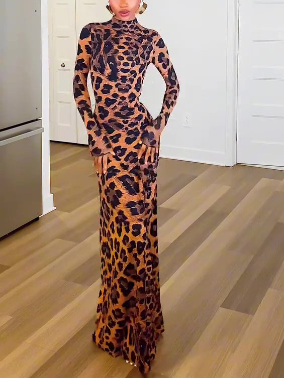 Leopard Print Mock Neck Maxi Dress NorixaFashion.com