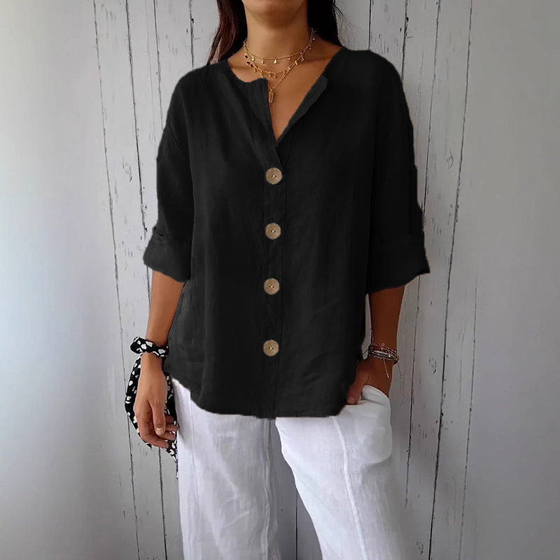 Loose-fit Women's V-neck Cotton-Linen Button T-shirt Top LadyShow.Store