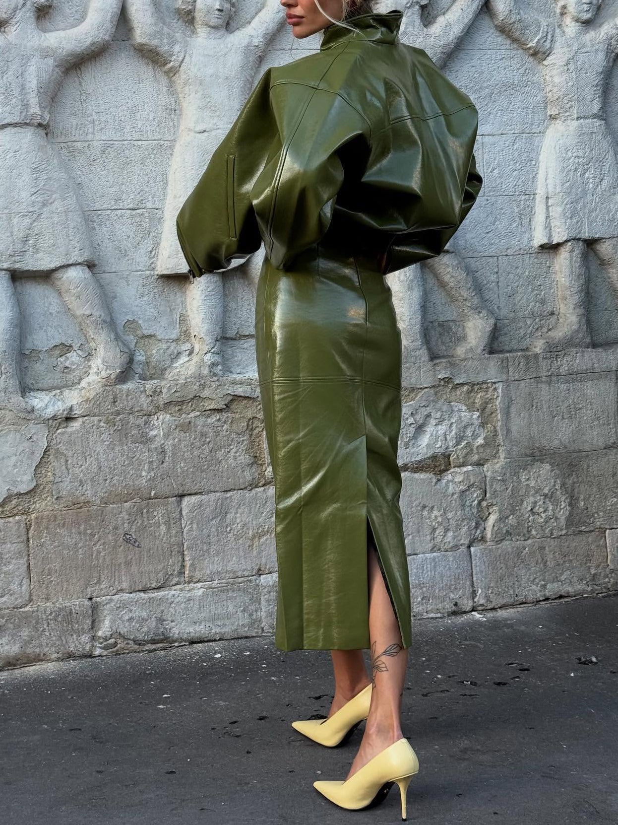 Olive Green Faux Leather Jacket And Midi Skirt Set NorixaFashion.com
