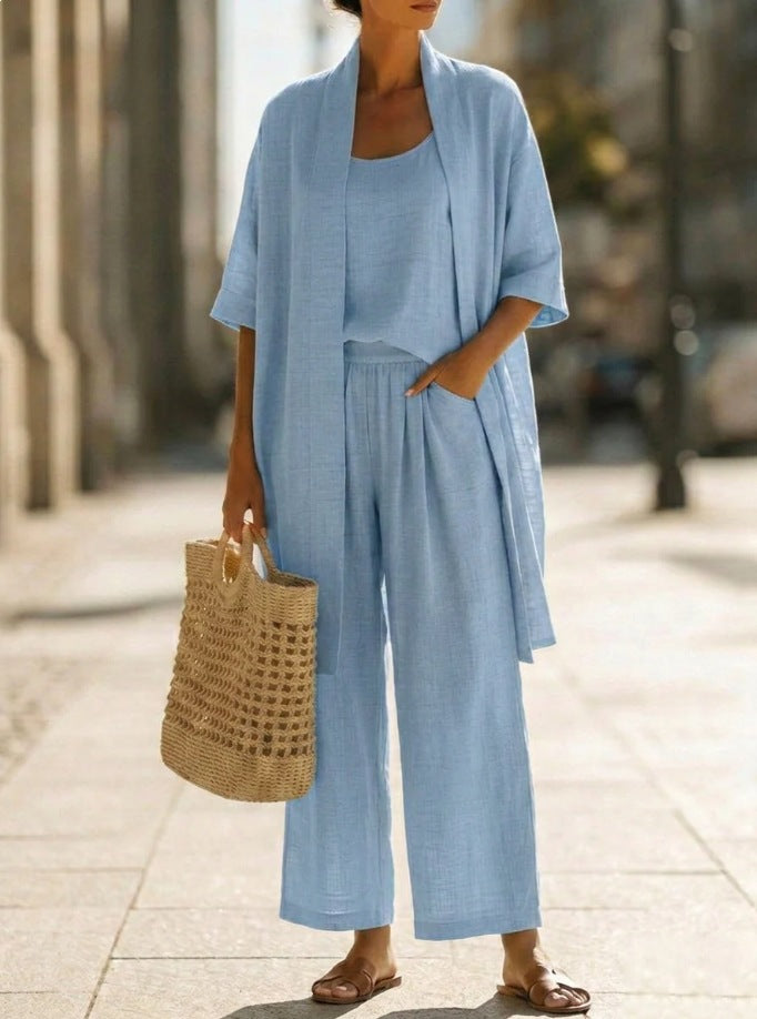 Three-piece Suit Women's Mid-length Cardigan Tank Top And Straight-leg With Pockets Fashion Trousers Set NorixaFashion.com