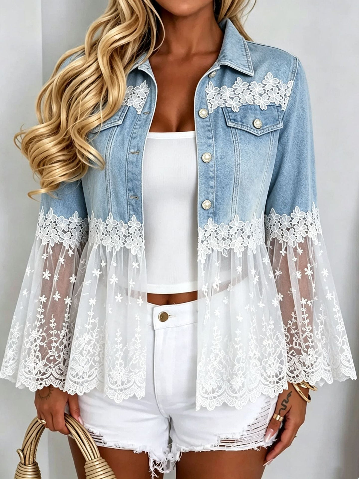 2026 Autumn Cross-Border Amazon AliExpress Temu Shein Lace Mesh Patchwork Bell Sleeve Denim Jacket NorixaFashion.com