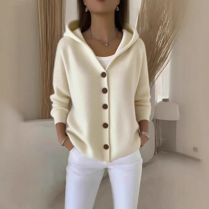 Ins Button Hooded Sweater Fashion Autumn And Winter Knitted Cardigan Casual Commuter Long Sleeve Top Women's Clothing NorixaFashion.com
