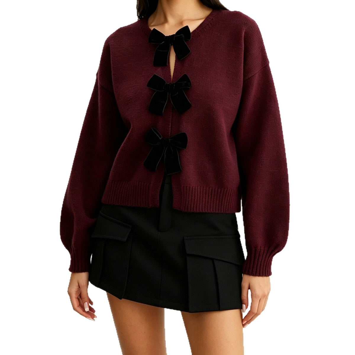 2026 Autumn Cross Border French Retro Bow Sweater Cardigan Round Neck Knitted Coat Women's Top NorixaFashion.com