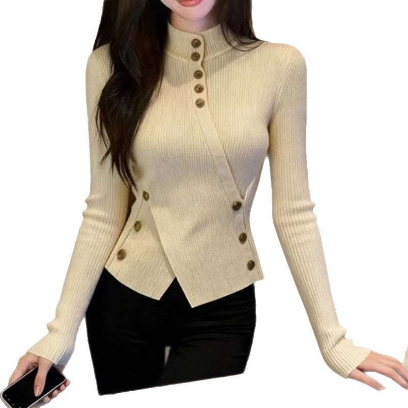 Autumn And Winter Retro Apricot Semi-high Neck Knitted Sweater Women's Fitted Base Shirt Long Sleeve Top LadyShow.Store