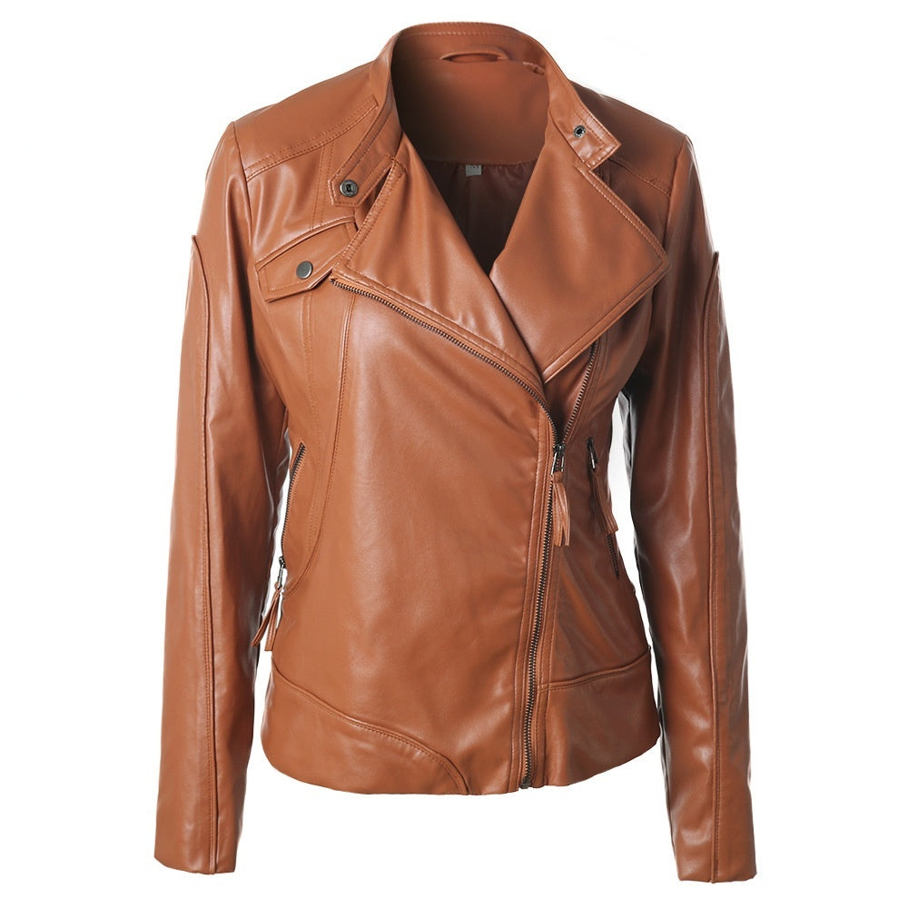 Stand Collar Side Zipper Leather Coat Motorcycle Jacket LadyShow.Store