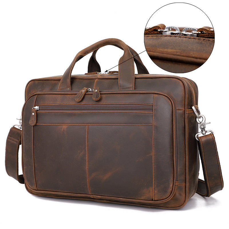 Vintage Leather Men's Crazy Horse Leather Handbag Large Business CJD