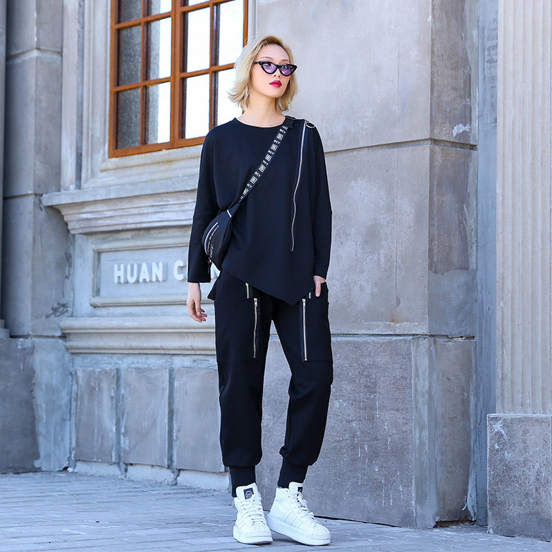 Irregular Zipper Round Neck Pullover T-Shirt Pi-Mart