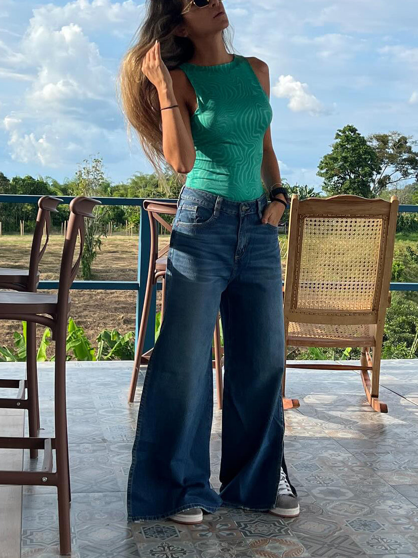 Blue Denim High - Waisted Ultra - Wide - Leg Jeans With Side Slit NorixaFashion.com
