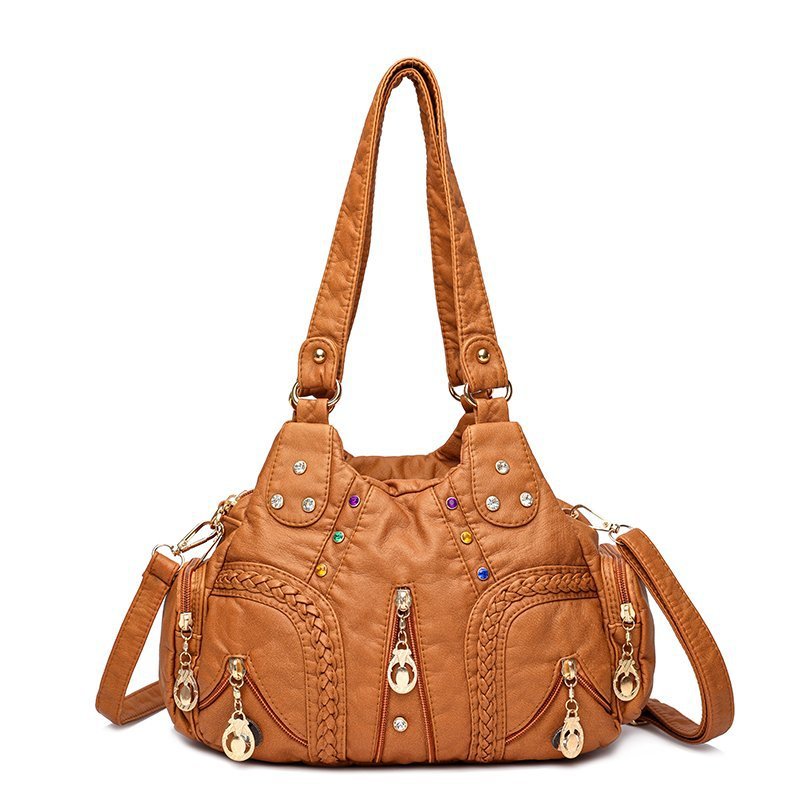 Washed Mother Bag with Rivets and Diamond Details Pi-Mart