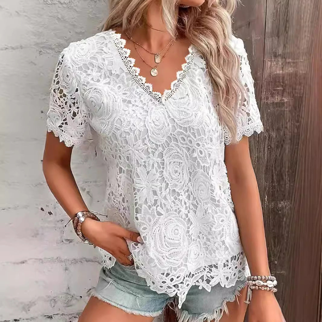 2026 New European And American Women's Fashion Versatile Top Sexy Lace Short Sleeved T-shirt NorixaFashion.com