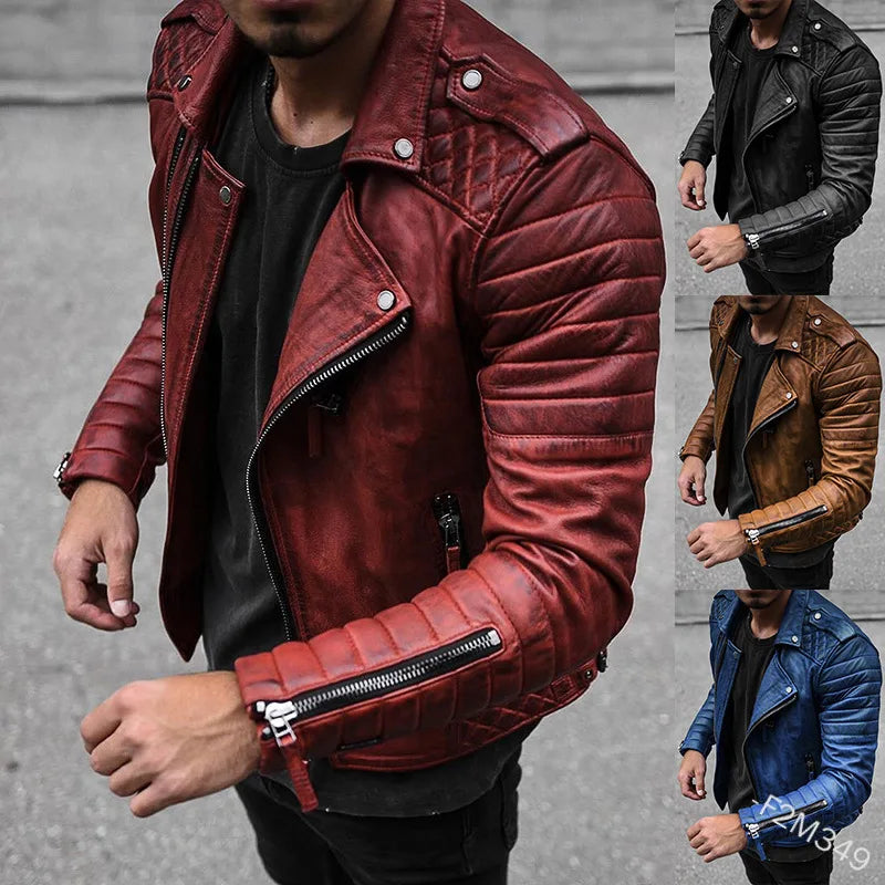 Men's Slim Fit Brown PU Leather Jacket with Lapel Pi-Mart