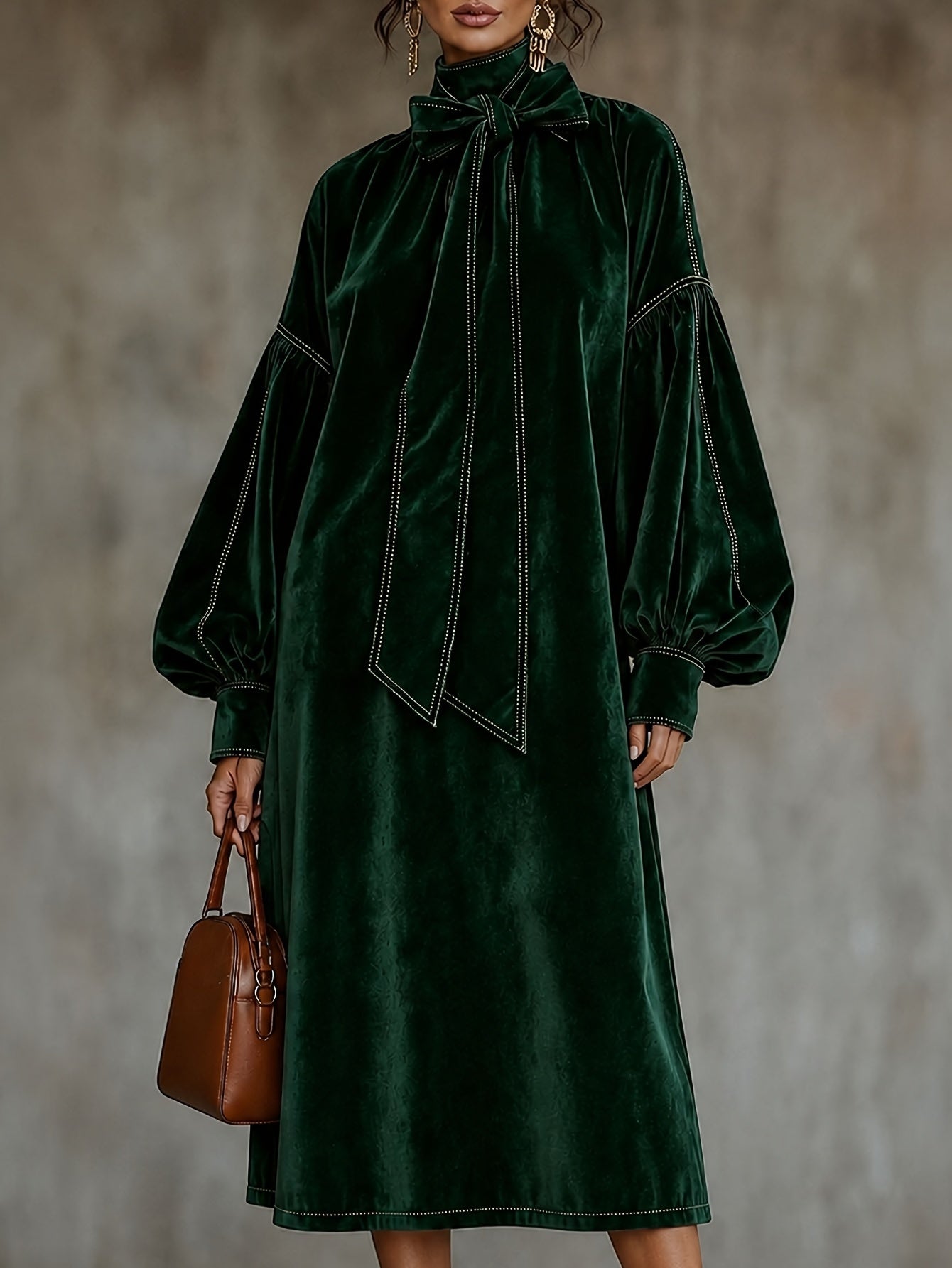 New High-neck Velvet Dress With Bow NorixaFashion.com