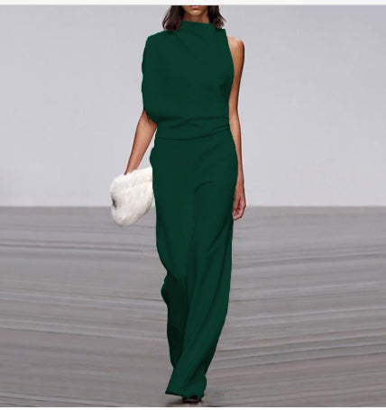 Solid Color One-Shoulder Pile Collar Jumpsuit LadyShow.Store