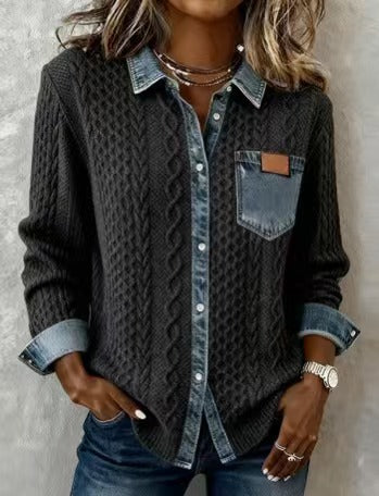 Women's Fashion Knit-and-jean Patchwork Shirt For Fall And Winter LadyShow.Store
