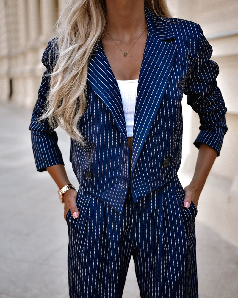 Women's Spring Fashion Striped Suits Casual Lapel Long Sleeve Cropped Top And Straight Pants Outfits Women's Clothing LadyShow.Store