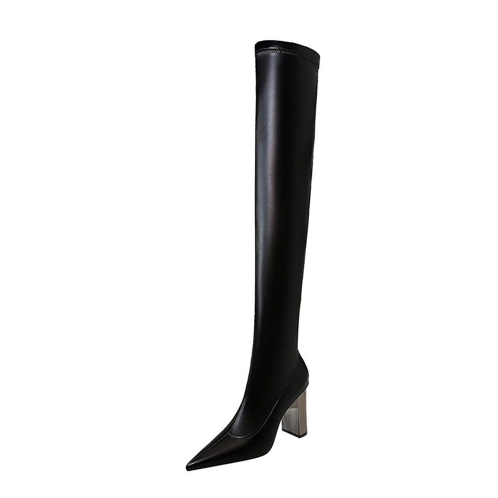 Women Thigh High Shoes  Pointed Toe  Over Knee Boots Square Heels LadyShow.Store