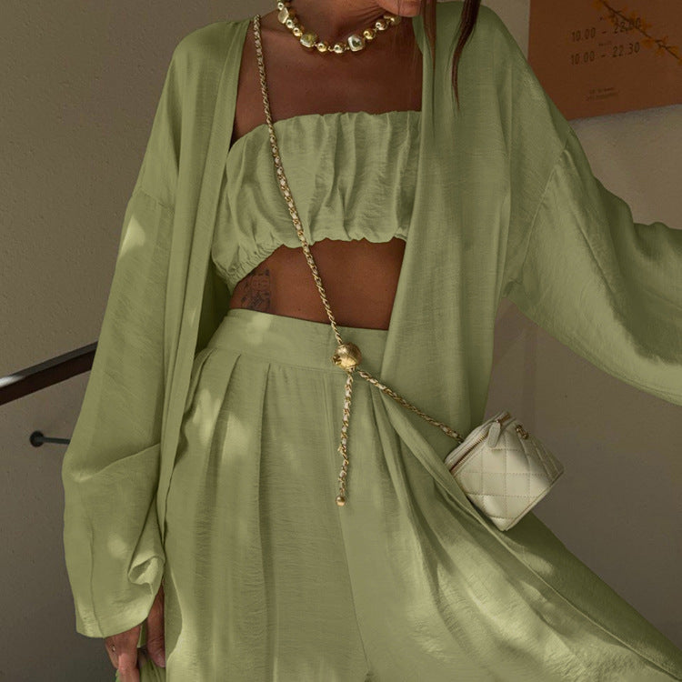 Sage Green 3-Piece Loungewear Set - Crop Top, Kimono Cardigan & Wide Leg Pants NorixaFashion.com