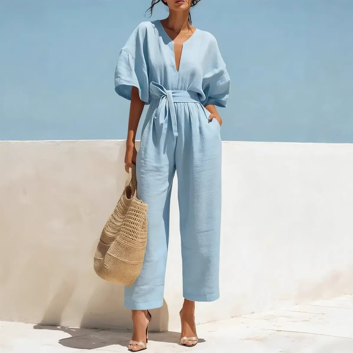 Fashionable V-Neck Solid Color Cotton-Linen Jumpsuit For Women LadyShow.Store