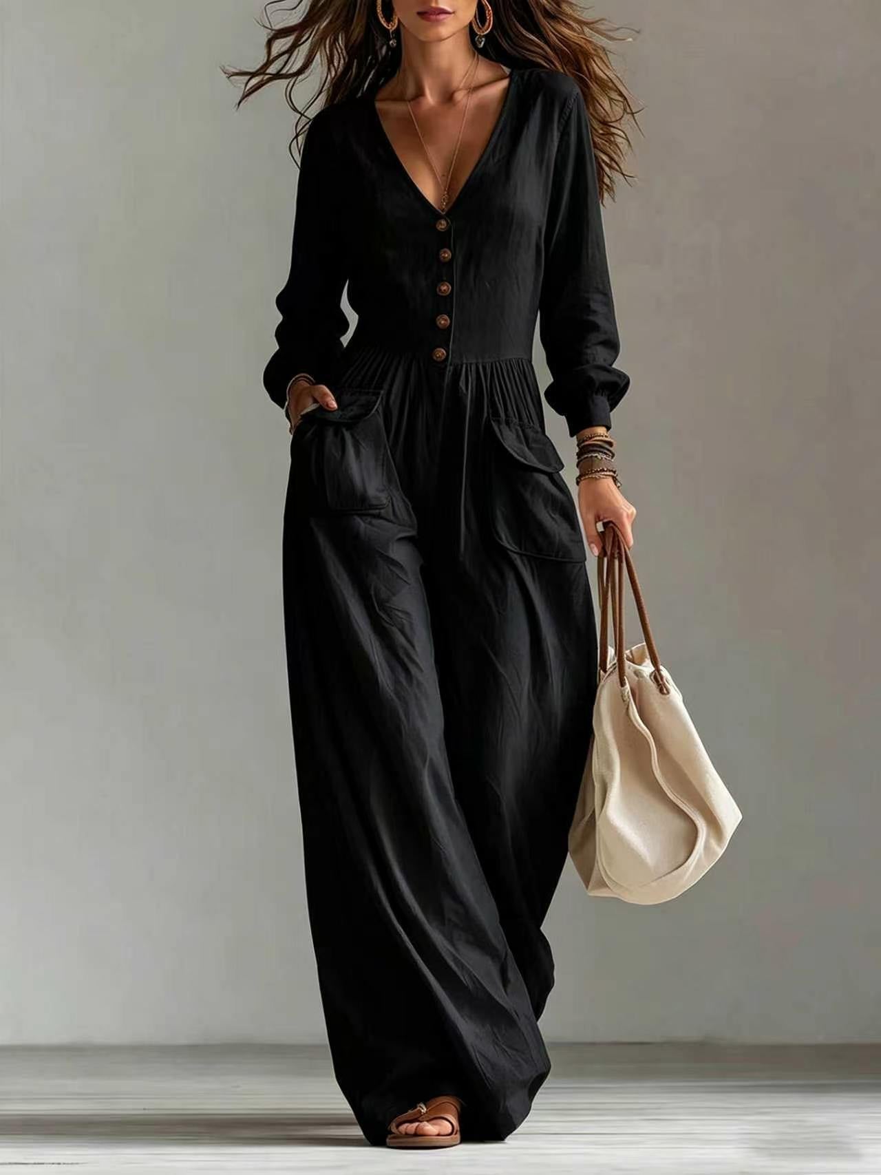 New Autumnwinter Casual Chic Womens V-neck Long-sleeve Jumpsuit With Pockets NorixaFashion.com
