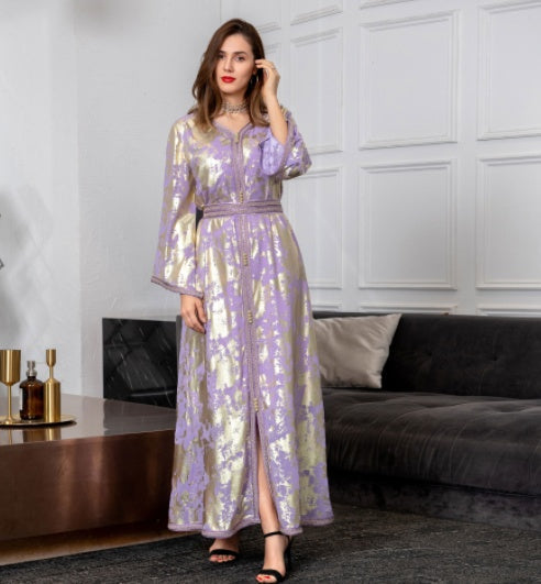 Muslim Bronzing Robe Women's Two Piece Belted Dress LadyShow.Store