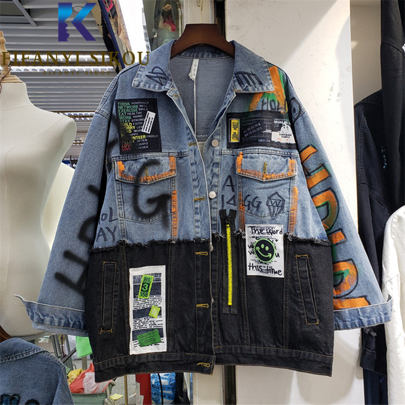 Women's Spliced Graffiti Print Denim Jacket for Streetwear Pi-Mart