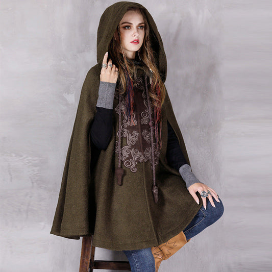 Women's Hooded Embroidery Loose Woolen Cloak Coat Best YouTube Store