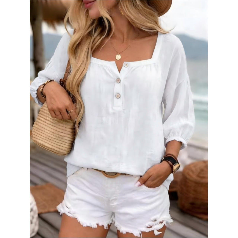 Casual Resort-style Linen Top With Three-quarter Sleeves NorixaFashion.com
