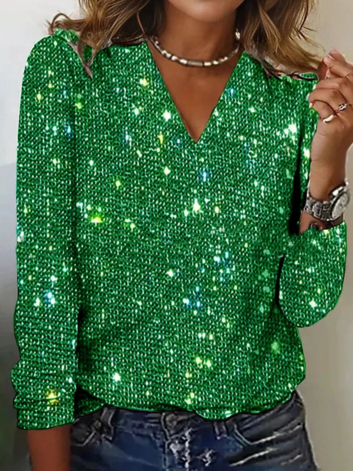 Women's Pure Color Sequins Long-sleeved T-shirt LadyShow.Store