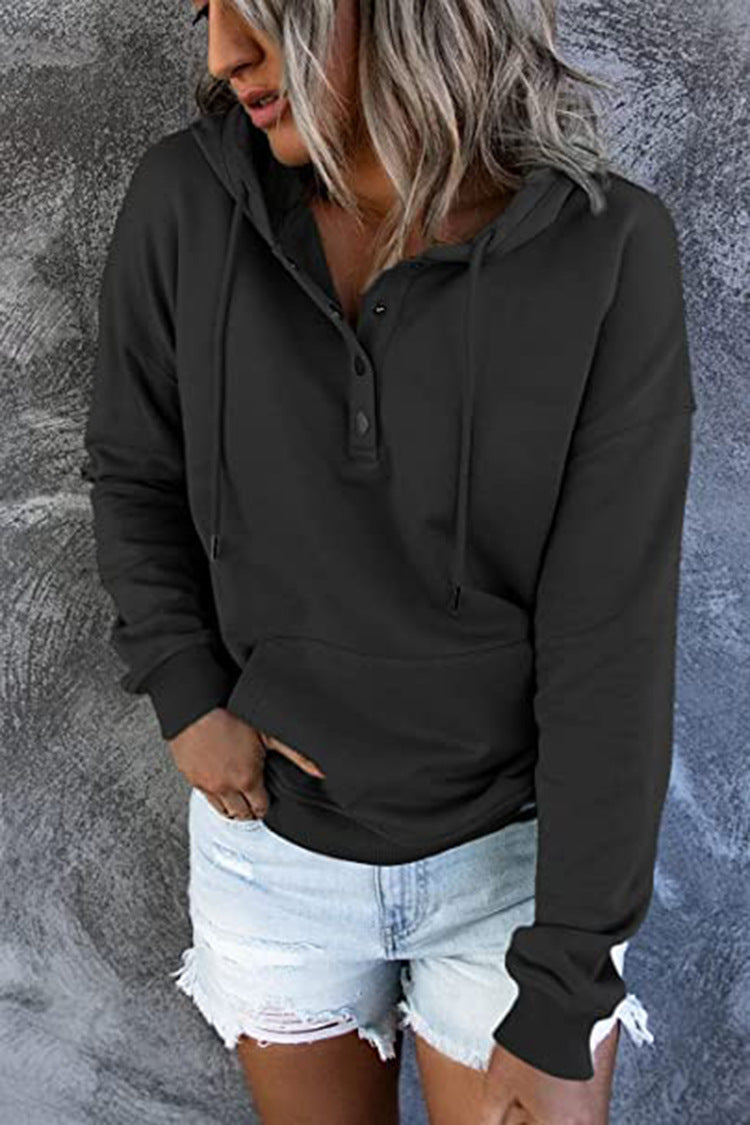 Long-sleeved Hooded Sweatshirt With Pockets Fashion Casual Button Drawstring Design Hoodie Top Spring And Autumn Sports Clothing For Women LadyShow.Store