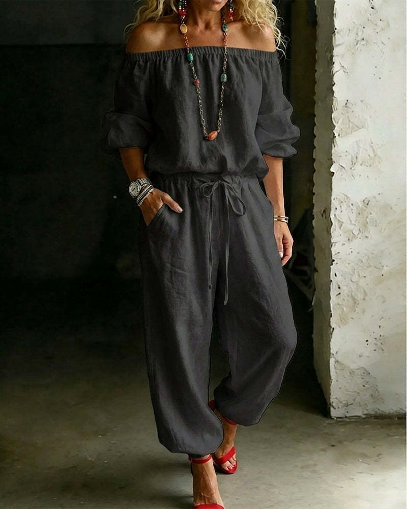 One-shoulder Top And Casual Drawstring Jogger Pants Jumpsuit Set NorixaFashion.com