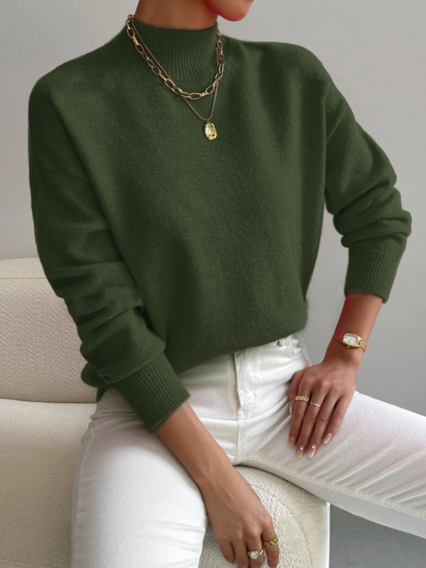Autumn And Winter Half-high Collar Pullover Women's Fashion Solid Color Loose Knitted Top LadyShow.Store