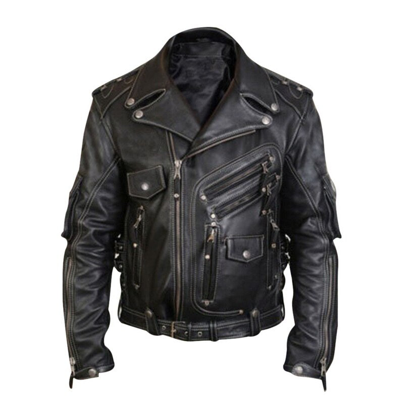 Men's Leather Jacket with Zipper and Multi-Pockets Pi-Mart